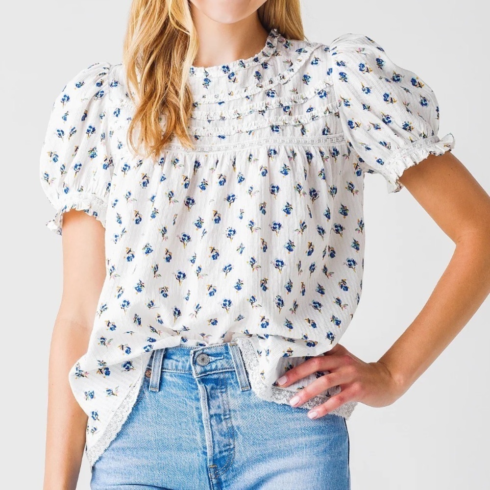 Zadig & Voltaire- White Tua Dobby Embellished Yoke Floral Shortsleeve Top